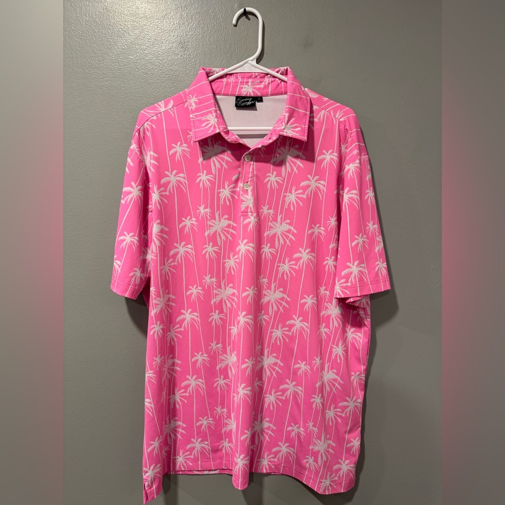 Sunday Swagger Stylin Palm Tree Golf Polo Pink and White Size XL